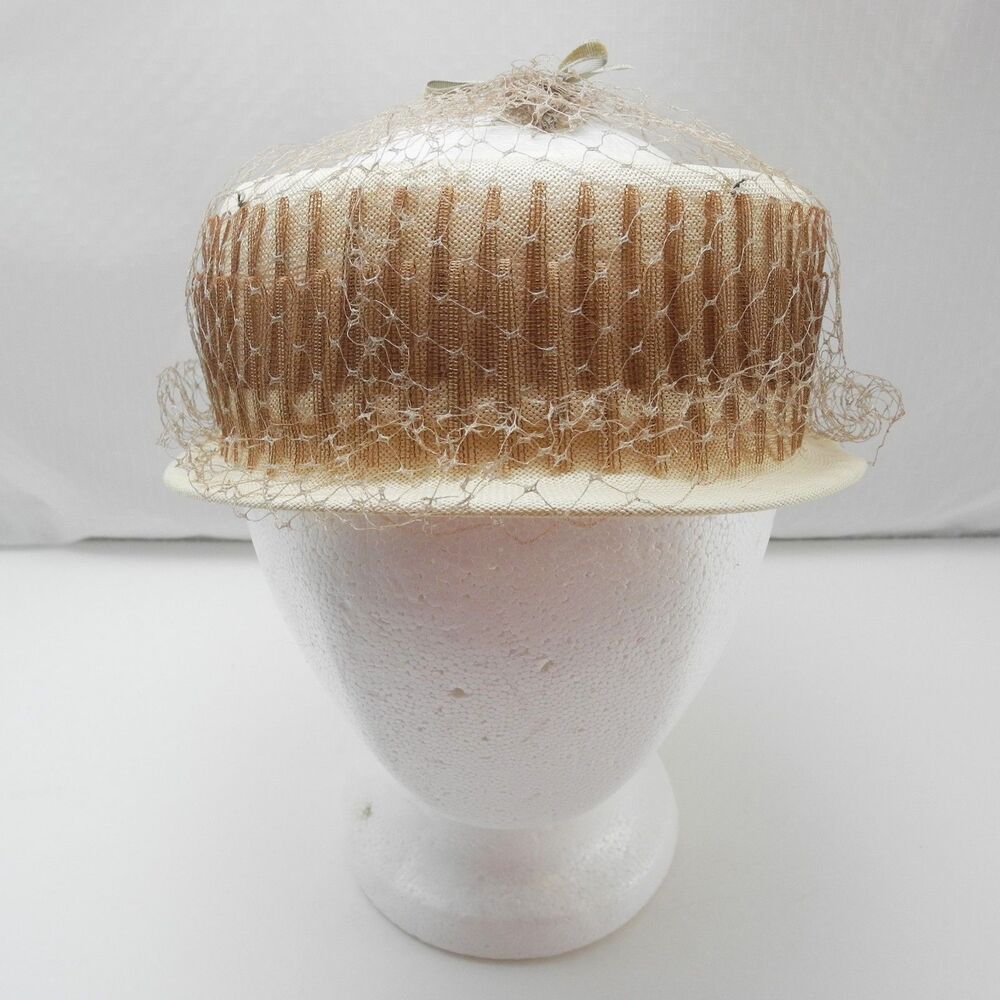 Kay & Guy Anderson Vintage Ivory Brown Pillbox Hat Open Crown Net Veil